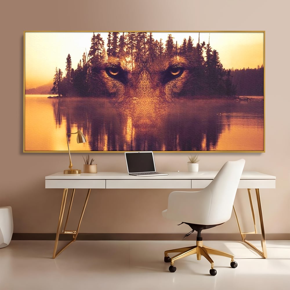 Tablou Canvas Premium, LuxCanva® M1470, Spiritul Padurii, Ochi, Privire, Gardian, Padure, Lac, Apus, Reflexie, Codru, Mister, Natura, Birou, Living, Camera Copil