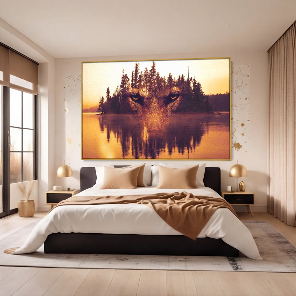 Tablou Canvas Premium, LuxCanva® M1470, Spiritul Padurii, Ochi, Privire, Gardian, Padure, Lac, Apus, Reflexie, Codru, Mister, Natura, Birou, Living, Camera Copil