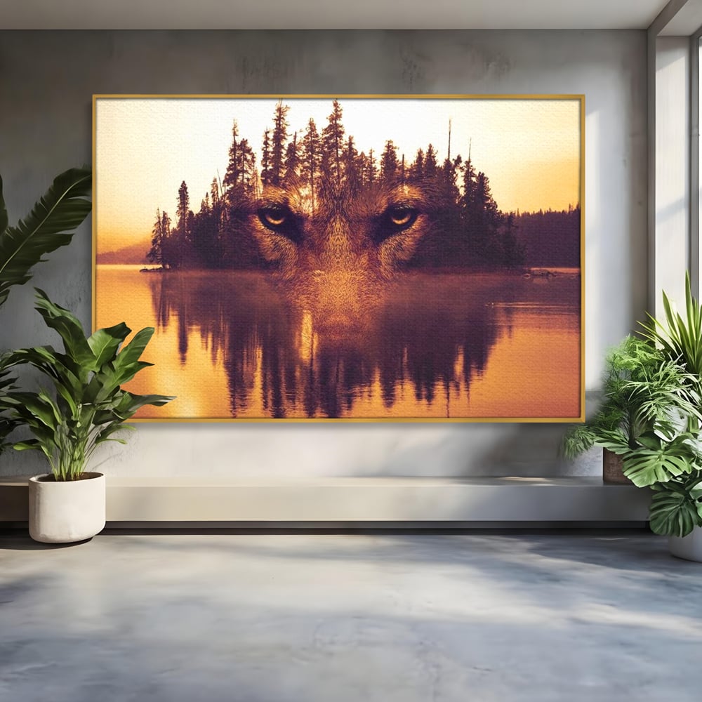 Tablou Canvas Premium, LuxCanva® M1470, Spiritul Padurii, Ochi, Privire, Gardian, Padure, Lac, Apus, Reflexie, Codru, Mister, Natura, Birou, Living, Camera Copil