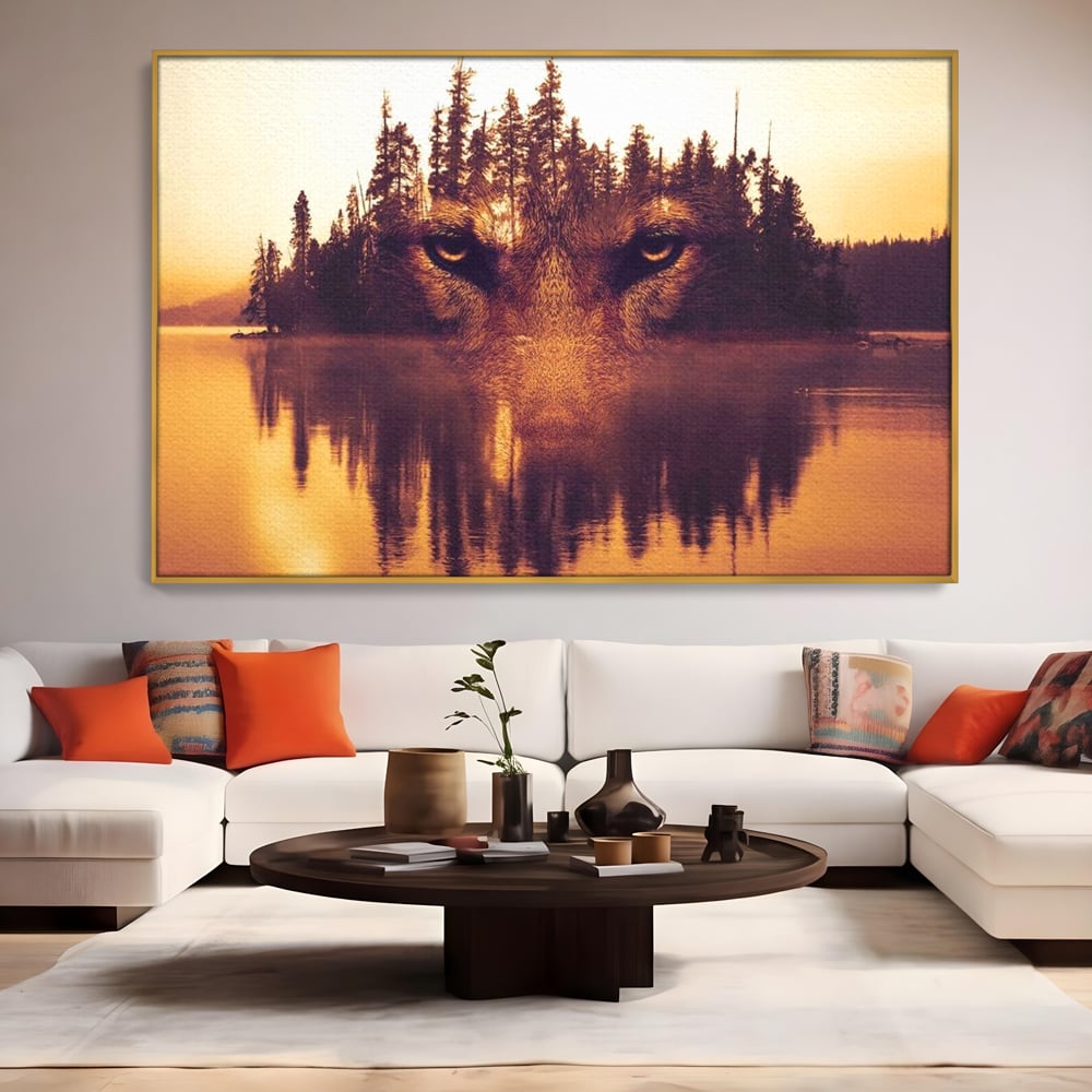 Tablou Canvas Premium, LuxCanva® M1470, Spiritul Padurii, Ochi, Privire, Gardian, Padure, Lac, Apus, Reflexie, Codru, Mister, Natura, Birou, Living, Camera Copil