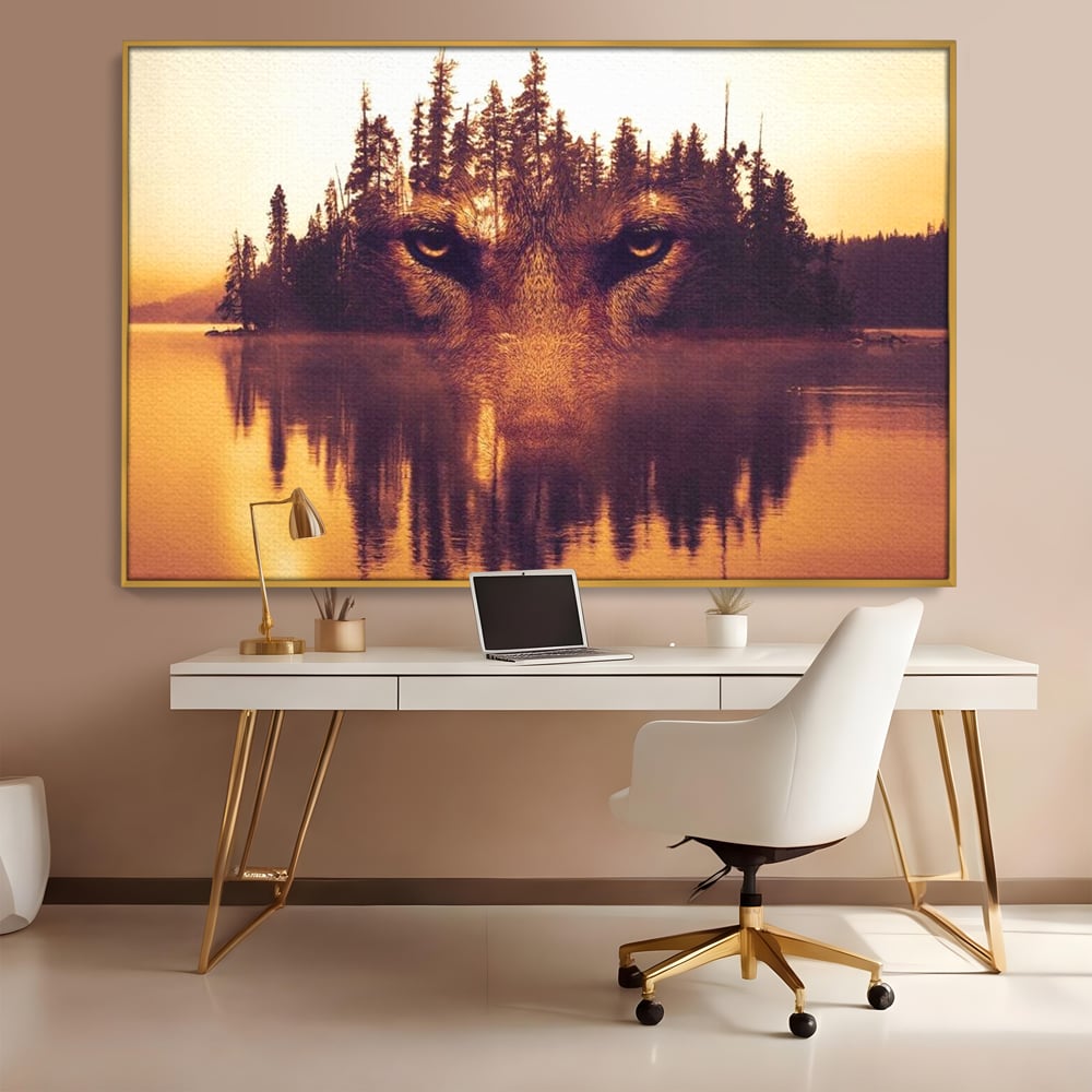 Tablou Canvas Premium, LuxCanva® M1470, Spiritul Padurii, Ochi, Privire, Gardian, Padure, Lac, Apus, Reflexie, Codru, Mister, Natura, Birou, Living, Camera Copil