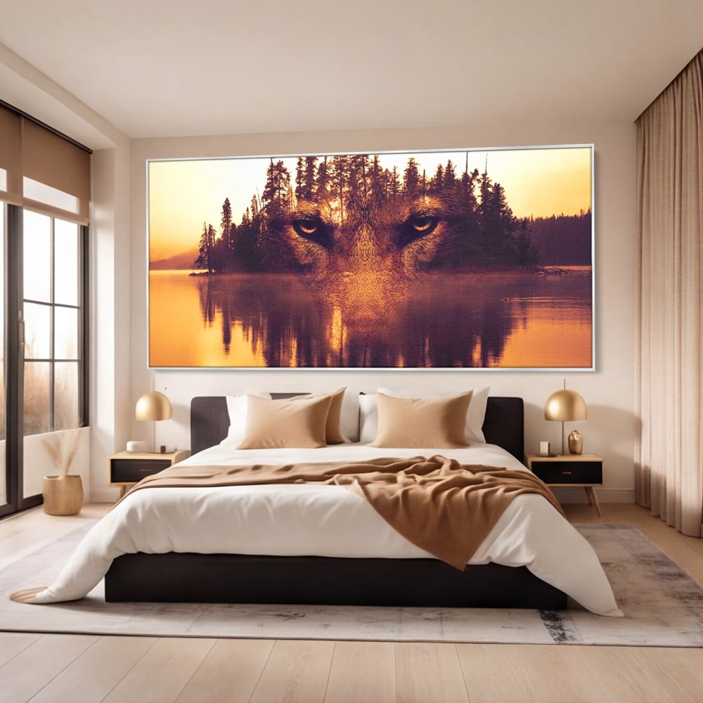 Tablou Canvas Premium, LuxCanva® M1470, Spiritul Padurii, Ochi, Privire, Gardian, Padure, Lac, Apus, Reflexie, Codru, Mister, Natura, Birou, Living, Camera Copil