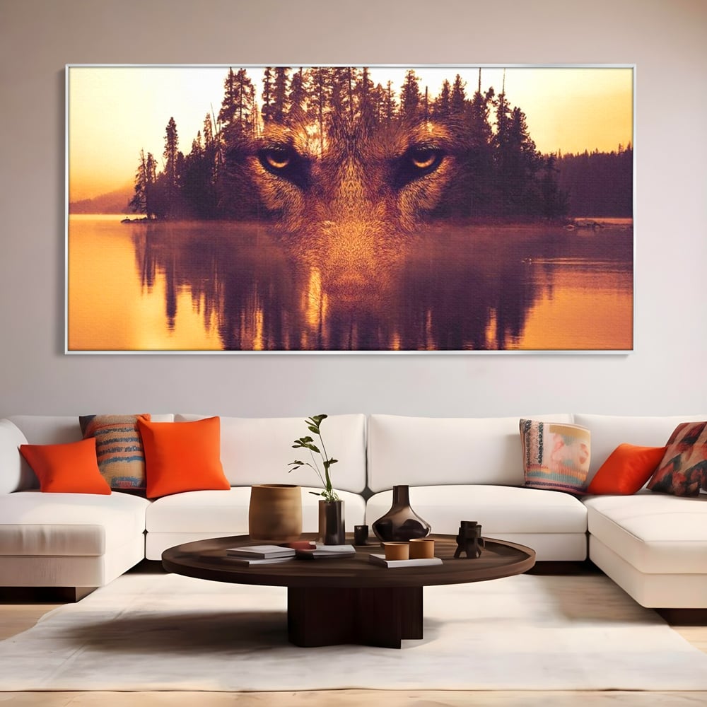 Tablou Canvas Premium, LuxCanva® M1470, Spiritul Padurii, Ochi, Privire, Gardian, Padure, Lac, Apus, Reflexie, Codru, Mister, Natura, Birou, Living, Camera Copil