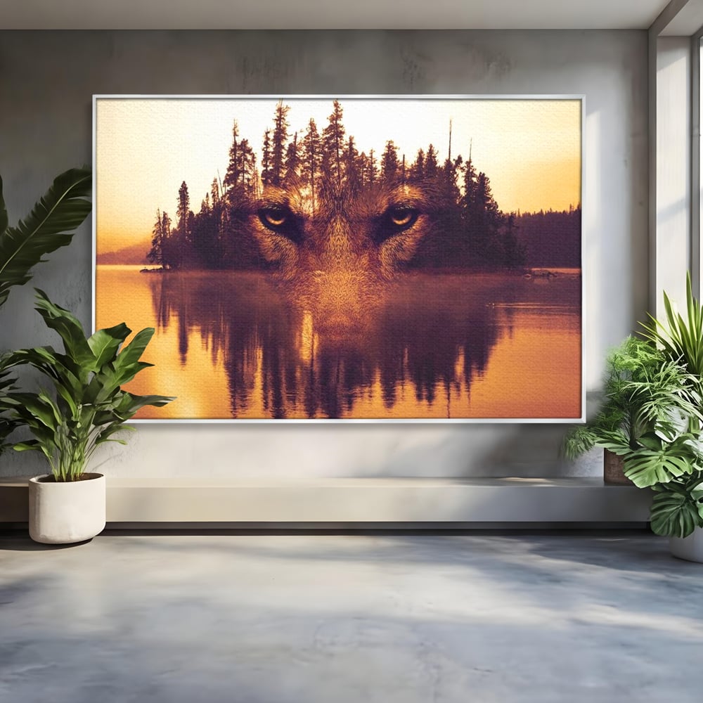 Tablou Canvas Premium, LuxCanva® M1470, Spiritul Padurii, Ochi, Privire, Gardian, Padure, Lac, Apus, Reflexie, Codru, Mister, Natura, Birou, Living, Camera Copil