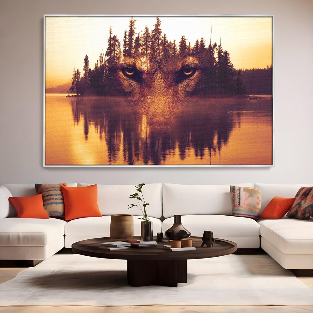 Tablou Canvas Premium, LuxCanva® M1470, Spiritul Padurii, Ochi, Privire, Gardian, Padure, Lac, Apus, Reflexie, Codru, Mister, Natura, Birou, Living, Camera Copil