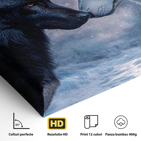 Leinwandbilder Premium, LuxCanva® M1471, Für immer zusammen, Paar, Liebe, Schicksal, Wölfe, Schwarz und Weiß, Nacht, Dämmerung, Schnee, Schnee, Schnee, Geschichte, Straße, Büro, Wohnen, Kinderzimmer