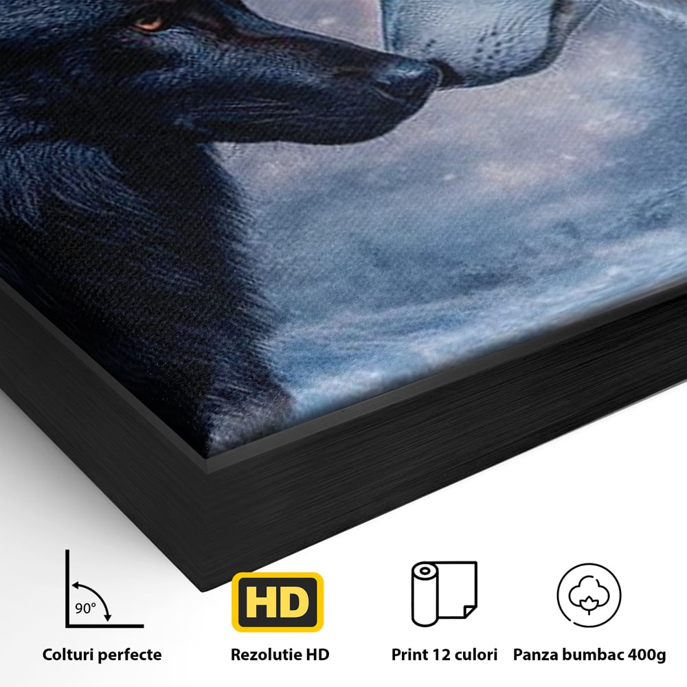 Leinwandbilder Premium, LuxCanva® M1471, Für immer zusammen, Paar, Liebe, Schicksal, Wölfe, Schwarz und Weiß, Nacht, Dämmerung, Schnee, Schnee, Schnee, Geschichte, Straße, Büro, Wohnen, Kinderzimmer