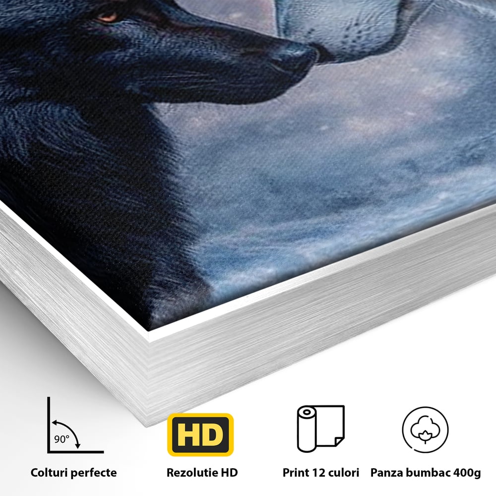 Leinwandbilder Premium, LuxCanva® M1471, Für immer zusammen, Paar, Liebe, Schicksal, Wölfe, Schwarz und Weiß, Nacht, Dämmerung, Schnee, Schnee, Schnee, Geschichte, Straße, Büro, Wohnen, Kinderzimmer