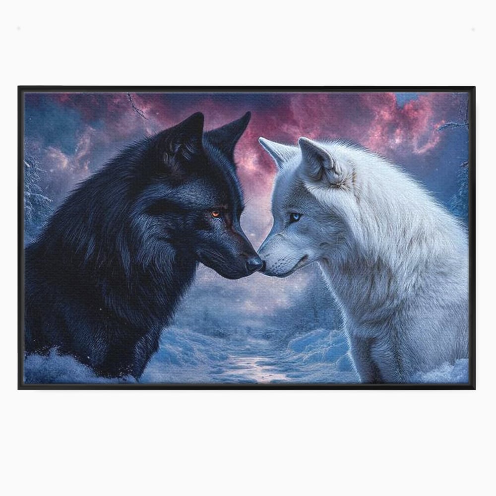 Leinwandbilder Premium, LuxCanva® M1471, Für immer zusammen, Paar, Liebe, Schicksal, Wölfe, Schwarz und Weiß, Nacht, Dämmerung, Schnee, Schnee, Schnee, Geschichte, Straße, Büro, Wohnen, Kinderzimmer