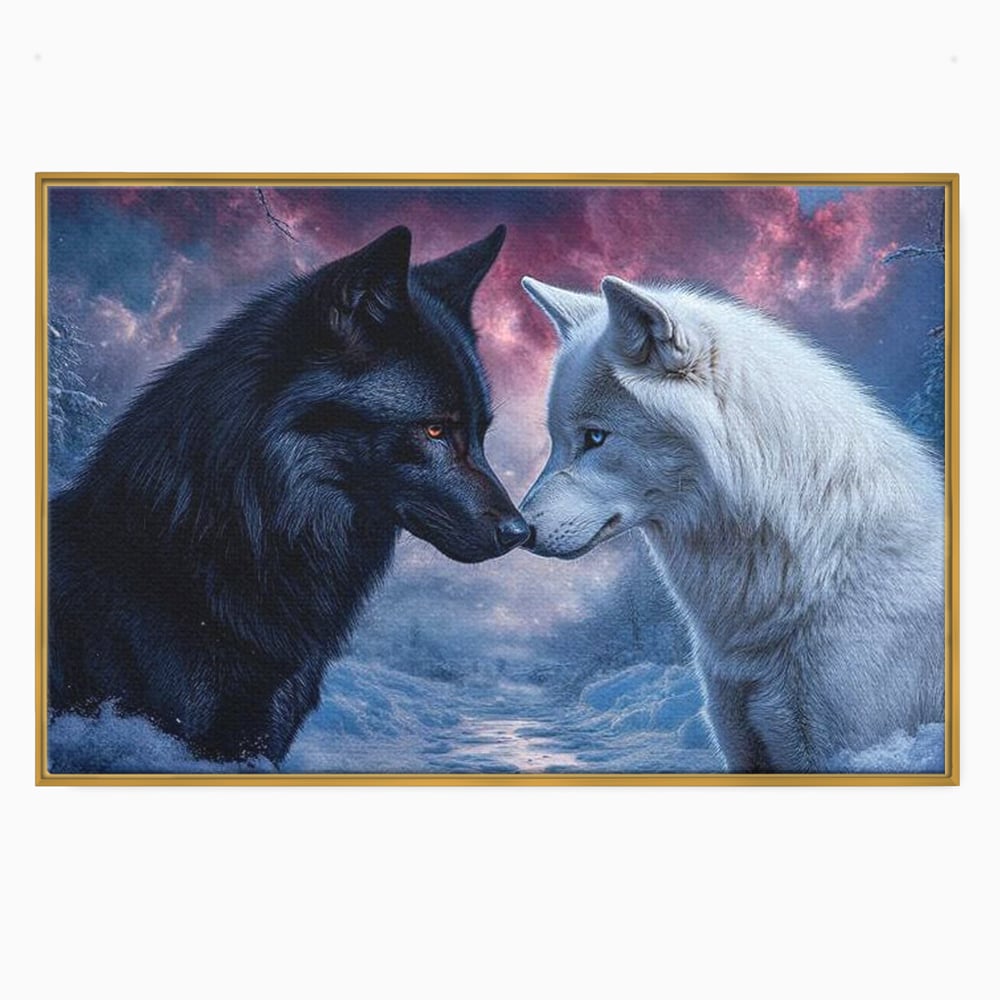Leinwandbilder Premium, LuxCanva® M1471, Für immer zusammen, Paar, Liebe, Schicksal, Wölfe, Schwarz und Weiß, Nacht, Dämmerung, Schnee, Schnee, Schnee, Geschichte, Straße, Büro, Wohnen, Kinderzimmer