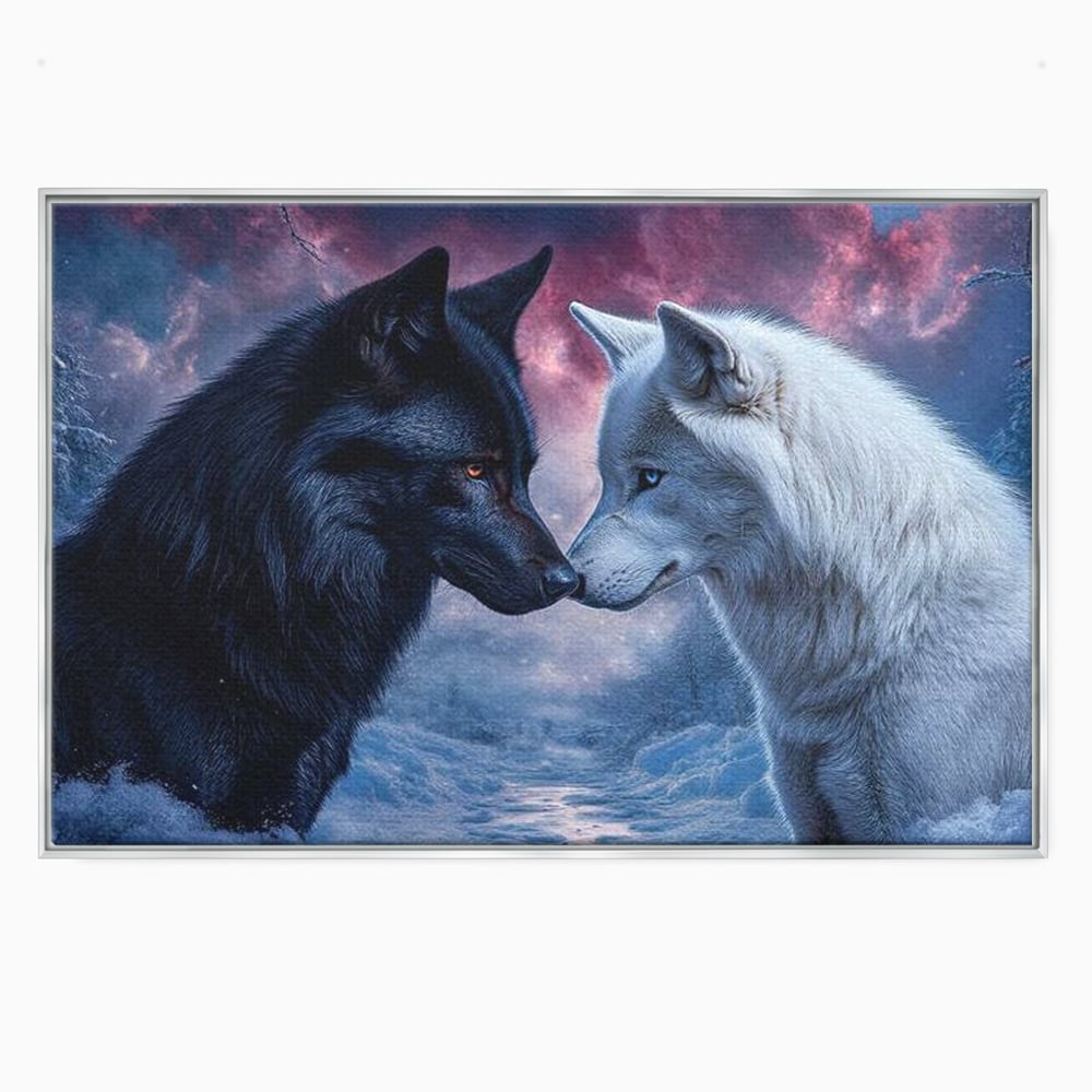 Leinwandbilder Premium, LuxCanva® M1471, Für immer zusammen, Paar, Liebe, Schicksal, Wölfe, Schwarz und Weiß, Nacht, Dämmerung, Schnee, Schnee, Schnee, Geschichte, Straße, Büro, Wohnen, Kinderzimmer