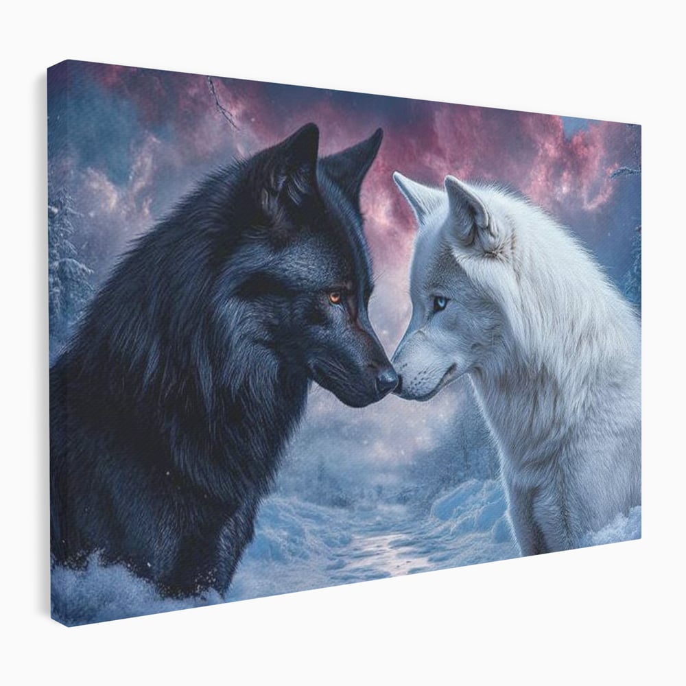 Leinwandbilder Premium, LuxCanva® M1471, Für immer zusammen, Paar, Liebe, Schicksal, Wölfe, Schwarz und Weiß, Nacht, Dämmerung, Schnee, Schnee, Schnee, Geschichte, Straße, Büro, Wohnen, Kinderzimmer