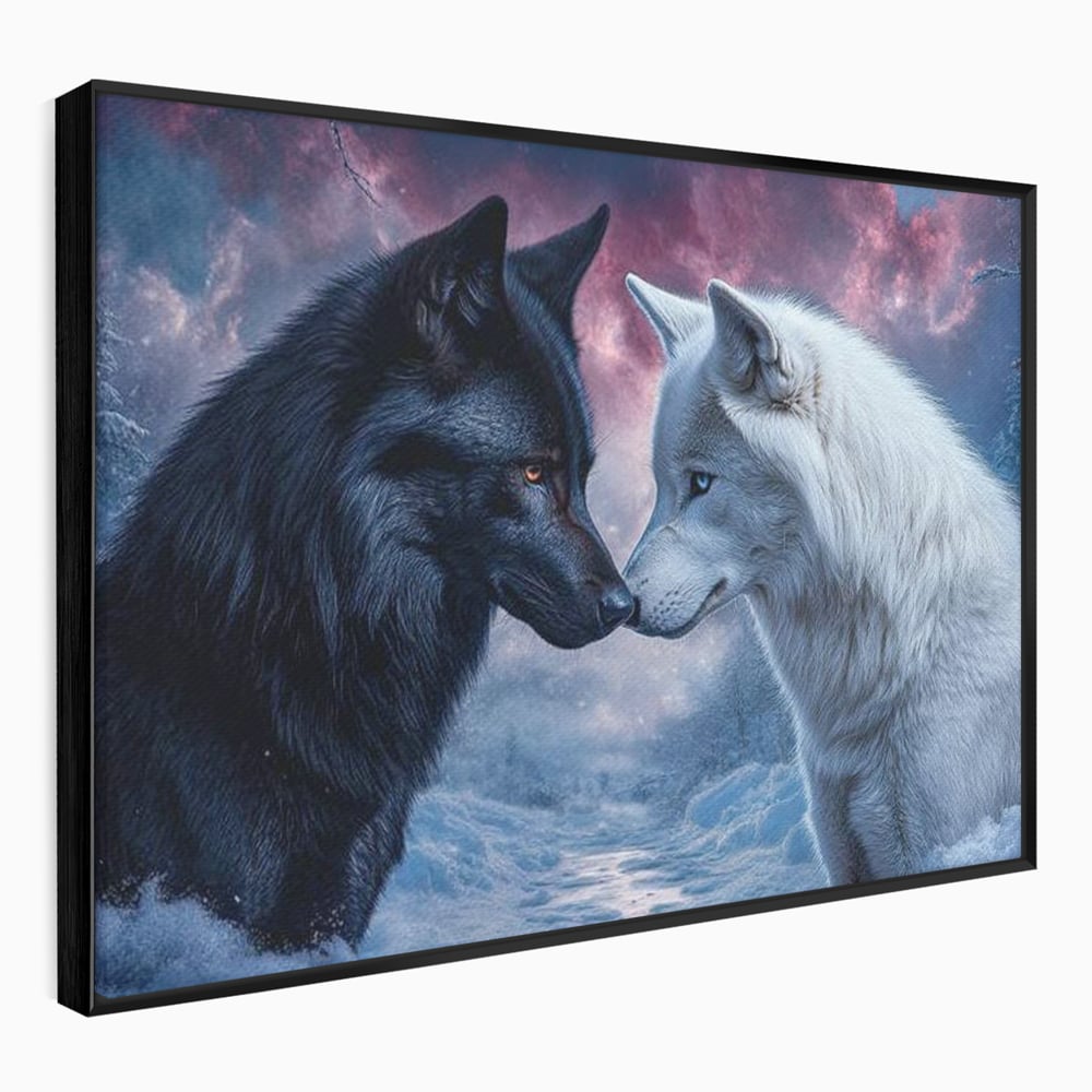 Leinwandbilder Premium, LuxCanva® M1471, Für immer zusammen, Paar, Liebe, Schicksal, Wölfe, Schwarz und Weiß, Nacht, Dämmerung, Schnee, Schnee, Schnee, Geschichte, Straße, Büro, Wohnen, Kinderzimmer