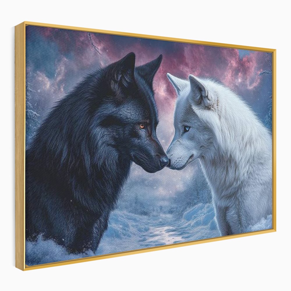 Leinwandbilder Premium, LuxCanva® M1471, Für immer zusammen, Paar, Liebe, Schicksal, Wölfe, Schwarz und Weiß, Nacht, Dämmerung, Schnee, Schnee, Schnee, Geschichte, Straße, Büro, Wohnen, Kinderzimmer