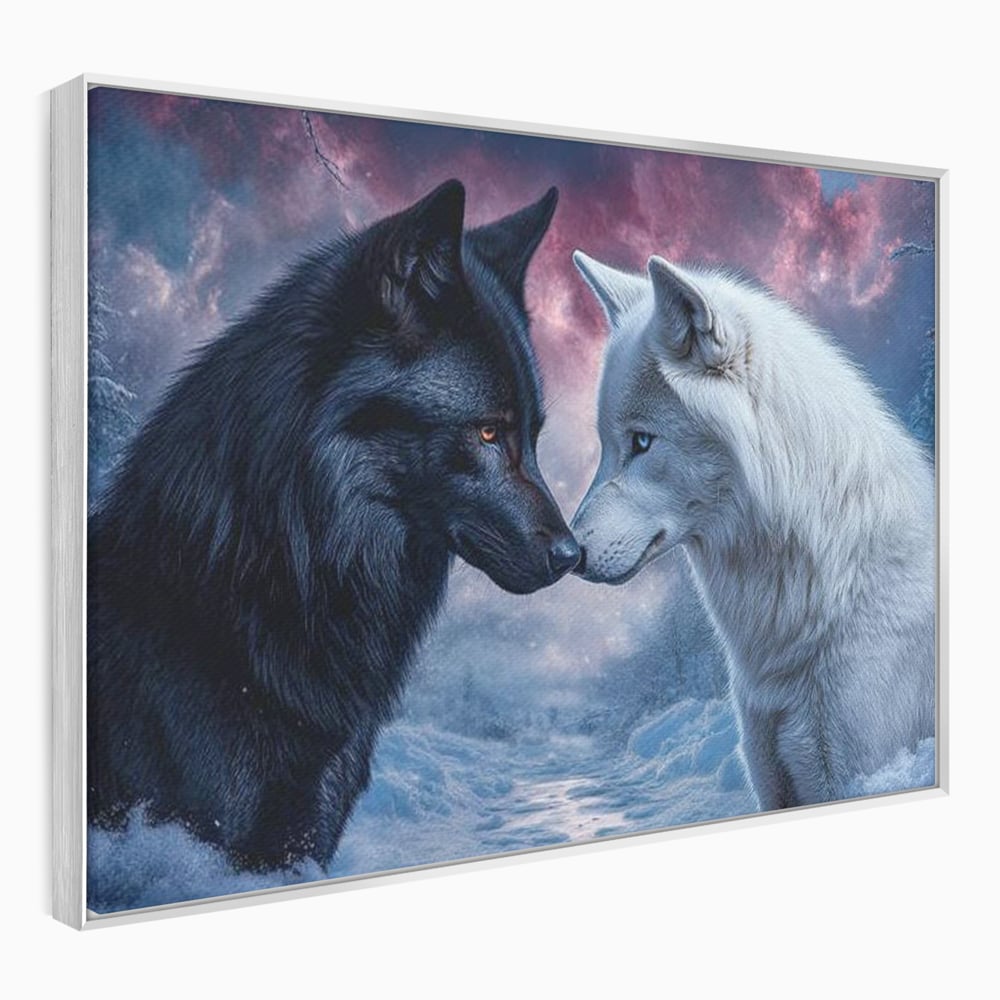 Leinwandbilder Premium, LuxCanva® M1471, Für immer zusammen, Paar, Liebe, Schicksal, Wölfe, Schwarz und Weiß, Nacht, Dämmerung, Schnee, Schnee, Schnee, Geschichte, Straße, Büro, Wohnen, Kinderzimmer