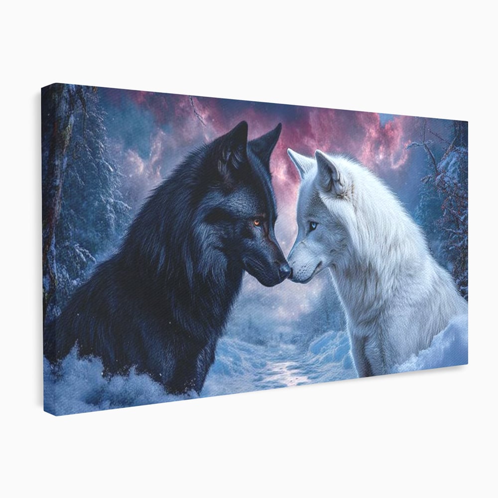 Leinwandbilder Premium, LuxCanva® M1471, Für immer zusammen, Paar, Liebe, Schicksal, Wölfe, Schwarz und Weiß, Nacht, Dämmerung, Schnee, Schnee, Schnee, Geschichte, Straße, Büro, Wohnen, Kinderzimmer