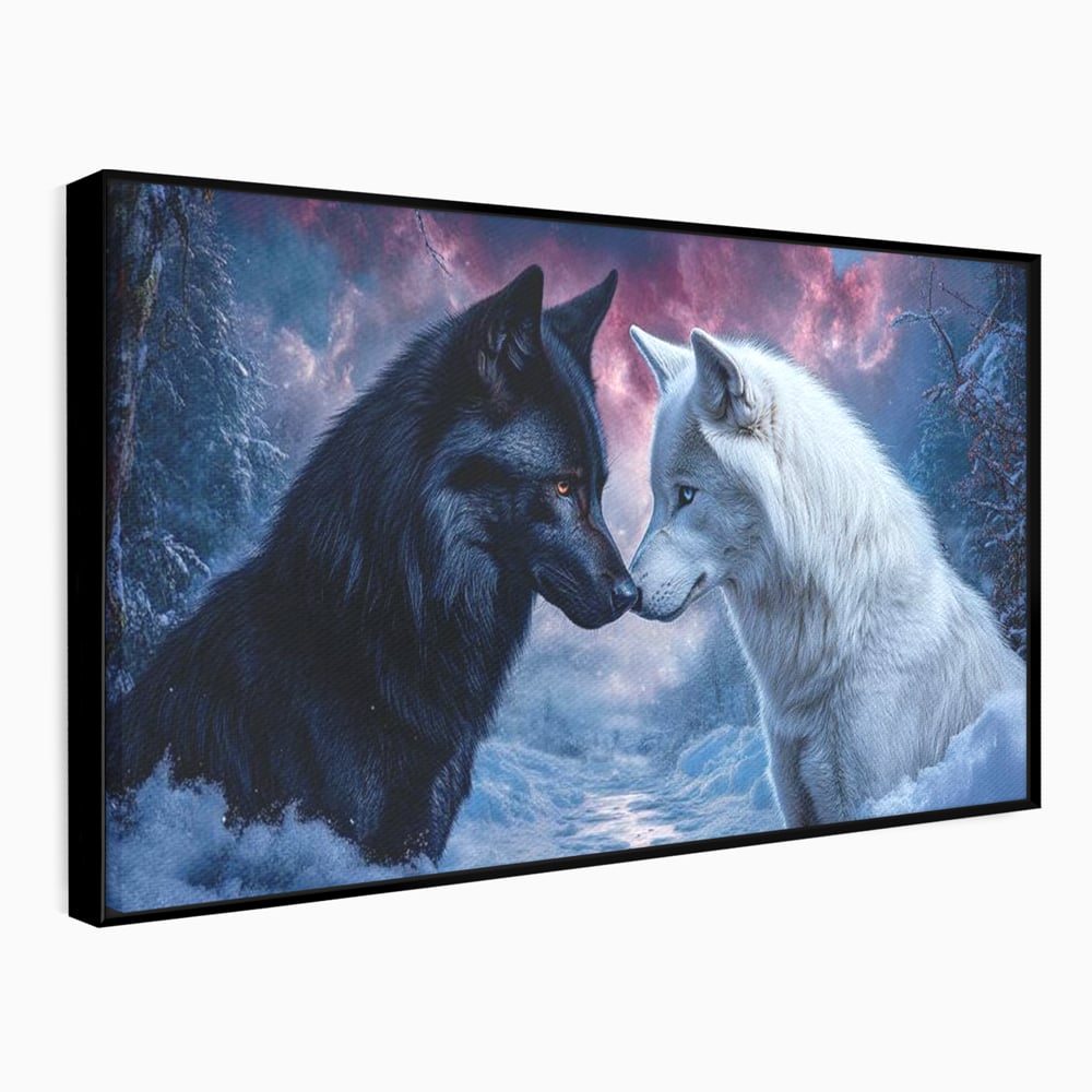 Leinwandbilder Premium, LuxCanva® M1471, Für immer zusammen, Paar, Liebe, Schicksal, Wölfe, Schwarz und Weiß, Nacht, Dämmerung, Schnee, Schnee, Schnee, Geschichte, Straße, Büro, Wohnen, Kinderzimmer