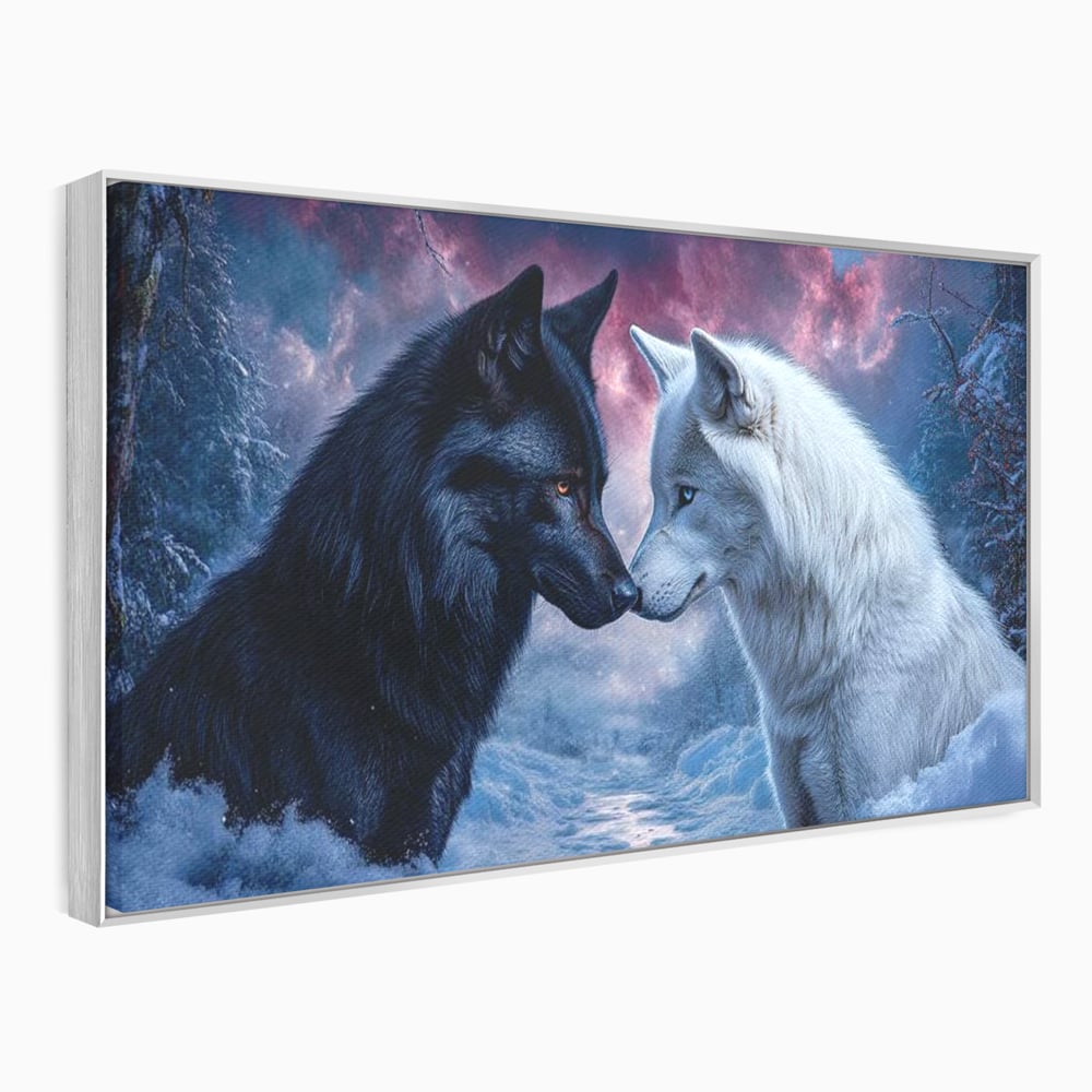 Leinwandbilder Premium, LuxCanva® M1471, Für immer zusammen, Paar, Liebe, Schicksal, Wölfe, Schwarz und Weiß, Nacht, Dämmerung, Schnee, Schnee, Schnee, Geschichte, Straße, Büro, Wohnen, Kinderzimmer