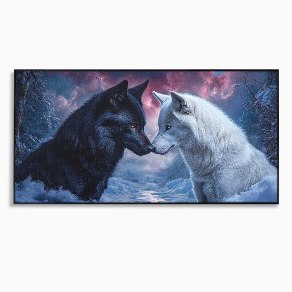 Leinwandbilder Premium, LuxCanva® M1471, Für immer zusammen, Paar, Liebe, Schicksal, Wölfe, Schwarz und Weiß, Nacht, Dämmerung, Schnee, Schnee, Schnee, Geschichte, Straße, Büro, Wohnen, Kinderzimmer