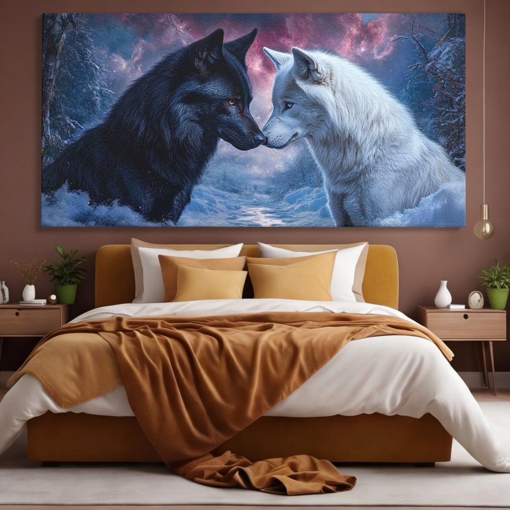 Leinwandbilder Premium, LuxCanva® M1471, Für immer zusammen, Paar, Liebe, Schicksal, Wölfe, Schwarz und Weiß, Nacht, Dämmerung, Schnee, Schnee, Schnee, Geschichte, Straße, Büro, Wohnen, Kinderzimmer