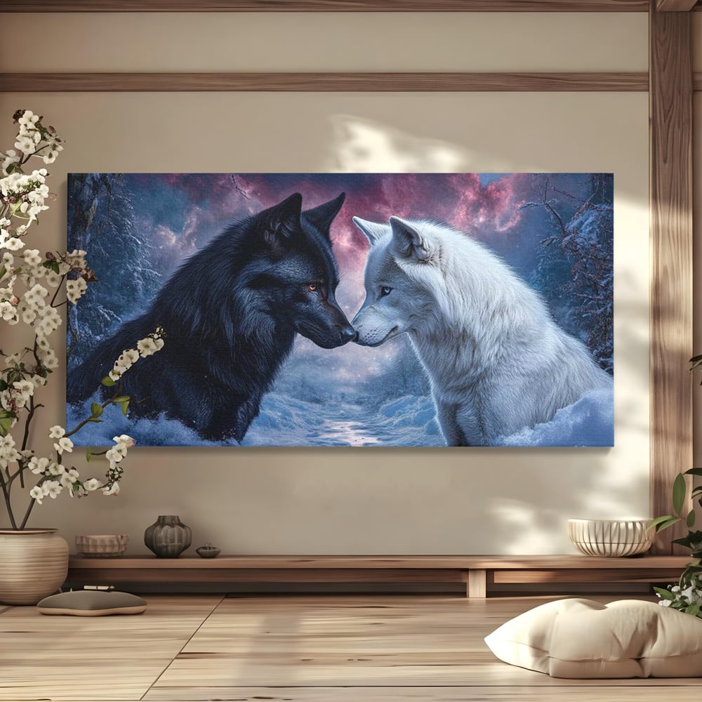 Leinwandbilder Premium, LuxCanva® M1471, Für immer zusammen, Paar, Liebe, Schicksal, Wölfe, Schwarz und Weiß, Nacht, Dämmerung, Schnee, Schnee, Schnee, Geschichte, Straße, Büro, Wohnen, Kinderzimmer