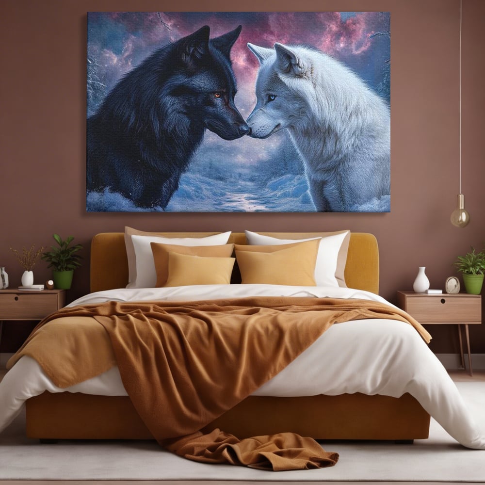 Leinwandbilder Premium, LuxCanva® M1471, Für immer zusammen, Paar, Liebe, Schicksal, Wölfe, Schwarz und Weiß, Nacht, Dämmerung, Schnee, Schnee, Schnee, Geschichte, Straße, Büro, Wohnen, Kinderzimmer