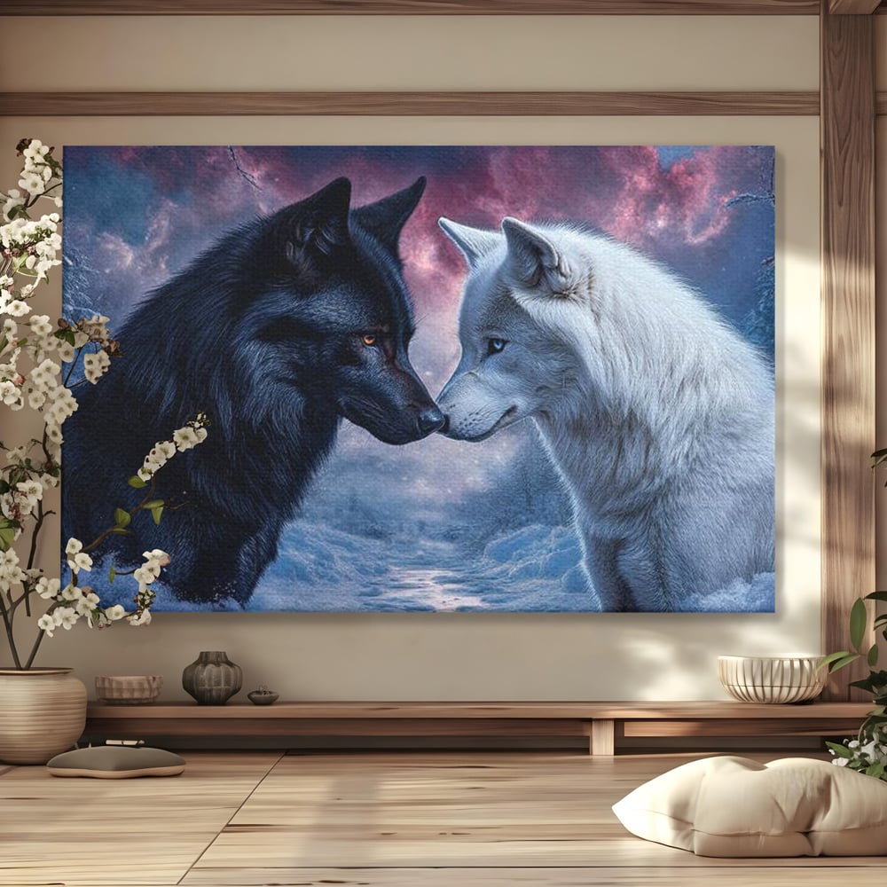 Leinwandbilder Premium, LuxCanva® M1471, Für immer zusammen, Paar, Liebe, Schicksal, Wölfe, Schwarz und Weiß, Nacht, Dämmerung, Schnee, Schnee, Schnee, Geschichte, Straße, Büro, Wohnen, Kinderzimmer