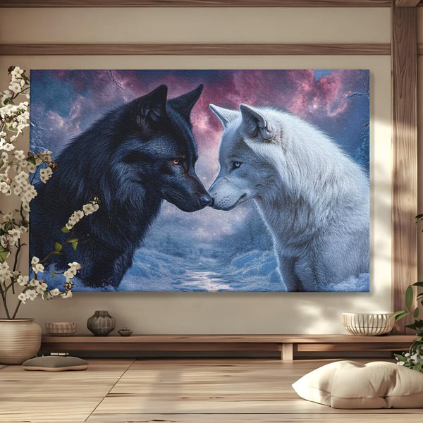 Leinwandbilder Premium, LuxCanva® M1471, Für immer zusammen, Paar, Liebe, Schicksal, Wölfe, Schwarz und Weiß, Nacht, Dämmerung, Schnee, Schnee, Schnee, Geschichte, Straße, Büro, Wohnen, Kinderzimmer