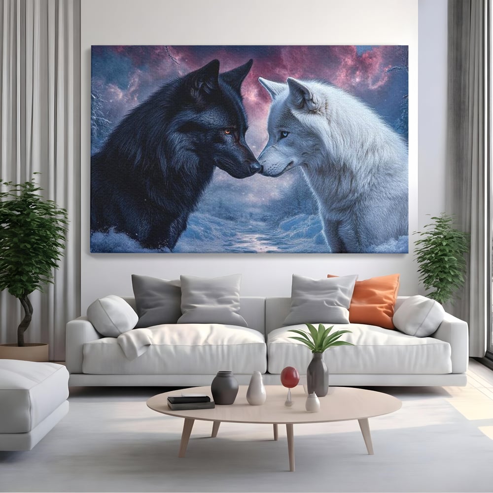 Leinwandbilder Premium, LuxCanva® M1471, Für immer zusammen, Paar, Liebe, Schicksal, Wölfe, Schwarz und Weiß, Nacht, Dämmerung, Schnee, Schnee, Schnee, Geschichte, Straße, Büro, Wohnen, Kinderzimmer