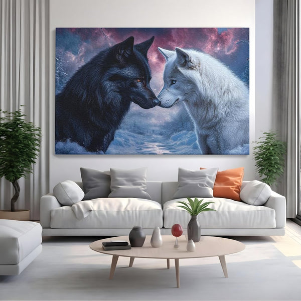 Leinwandbilder Premium, LuxCanva® M1471, Für immer zusammen, Paar, Liebe, Schicksal, Wölfe, Schwarz und Weiß, Nacht, Dämmerung, Schnee, Schnee, Schnee, Geschichte, Straße, Büro, Wohnen, Kinderzimmer