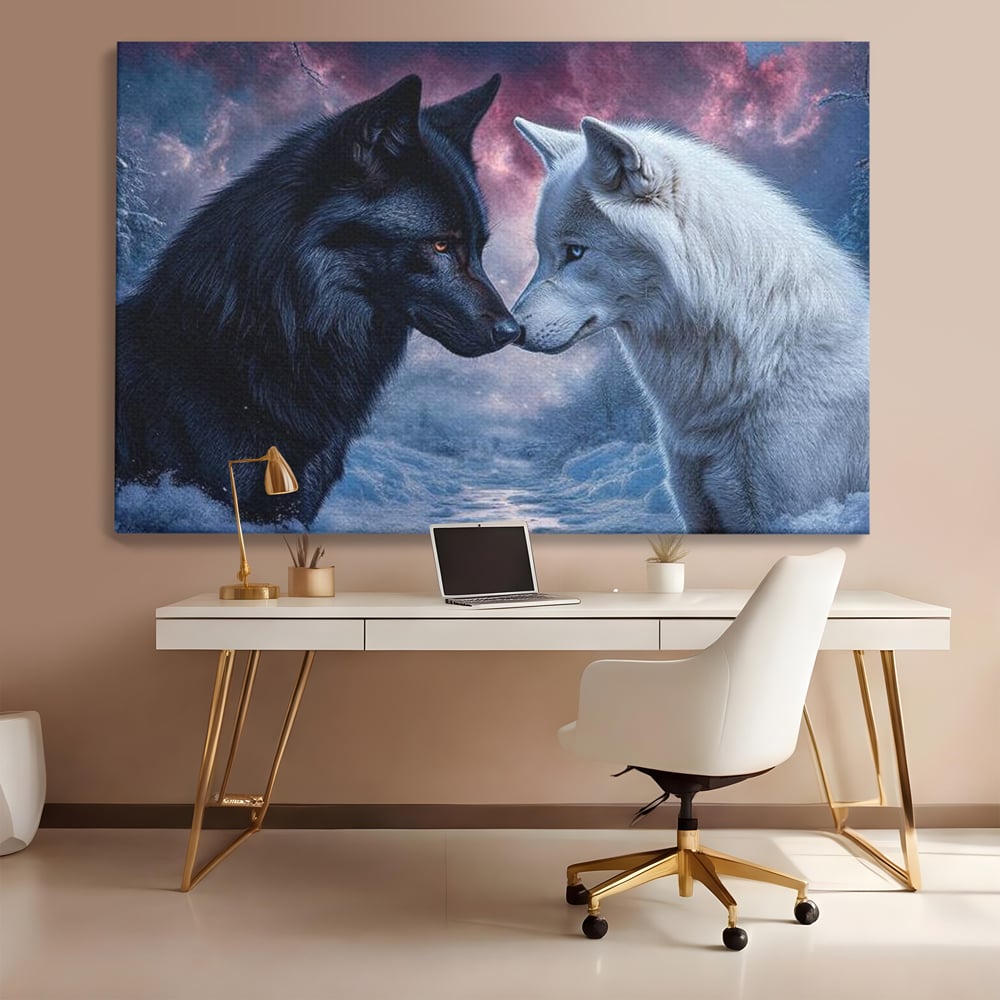Leinwandbilder Premium, LuxCanva® M1471, Für immer zusammen, Paar, Liebe, Schicksal, Wölfe, Schwarz und Weiß, Nacht, Dämmerung, Schnee, Schnee, Schnee, Geschichte, Straße, Büro, Wohnen, Kinderzimmer