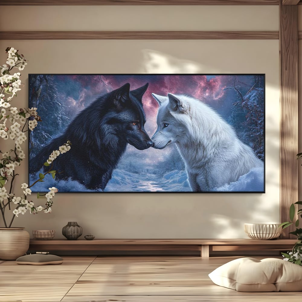 Leinwandbilder Premium, LuxCanva® M1471, Für immer zusammen, Paar, Liebe, Schicksal, Wölfe, Schwarz und Weiß, Nacht, Dämmerung, Schnee, Schnee, Schnee, Geschichte, Straße, Büro, Wohnen, Kinderzimmer