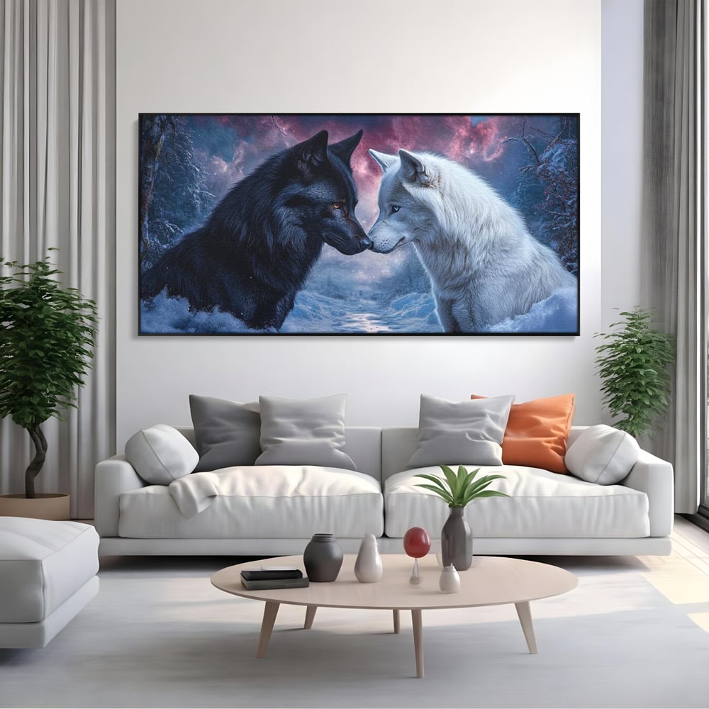 Leinwandbilder Premium, LuxCanva® M1471, Für immer zusammen, Paar, Liebe, Schicksal, Wölfe, Schwarz und Weiß, Nacht, Dämmerung, Schnee, Schnee, Schnee, Geschichte, Straße, Büro, Wohnen, Kinderzimmer