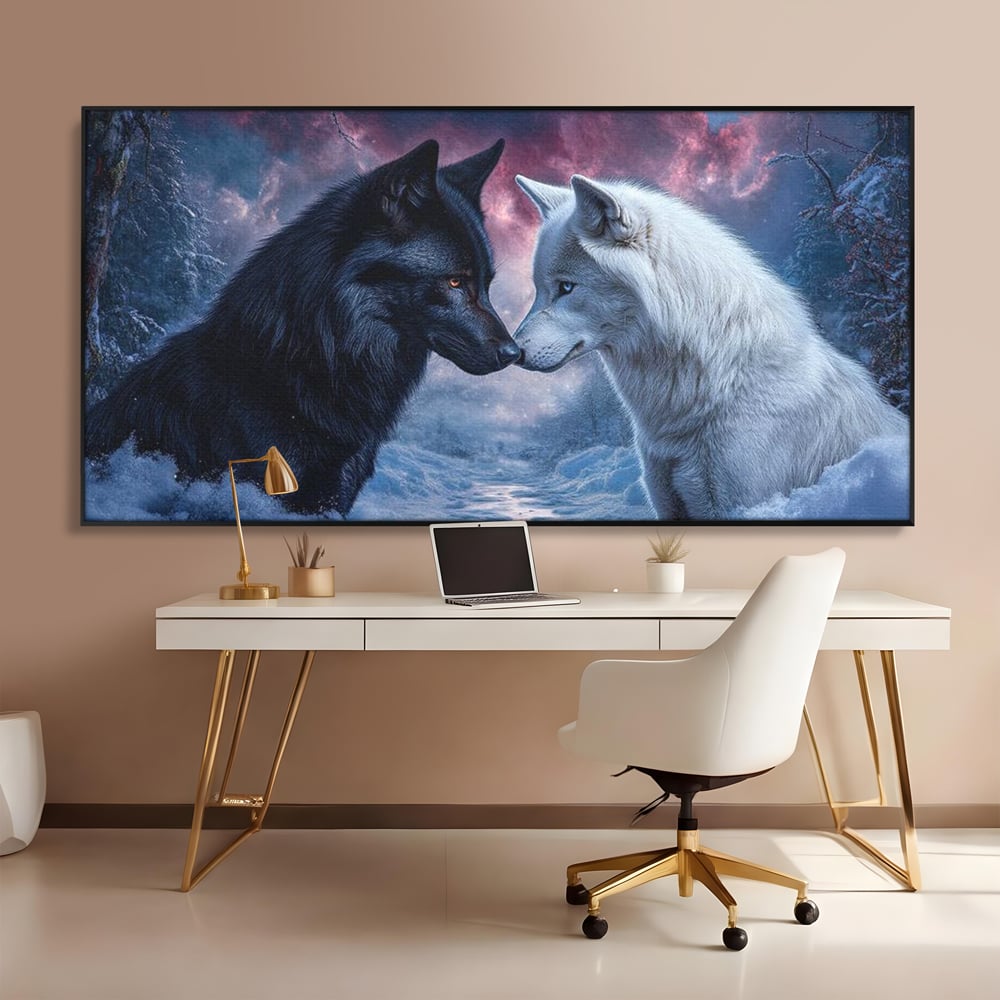 Leinwandbilder Premium, LuxCanva® M1471, Für immer zusammen, Paar, Liebe, Schicksal, Wölfe, Schwarz und Weiß, Nacht, Dämmerung, Schnee, Schnee, Schnee, Geschichte, Straße, Büro, Wohnen, Kinderzimmer