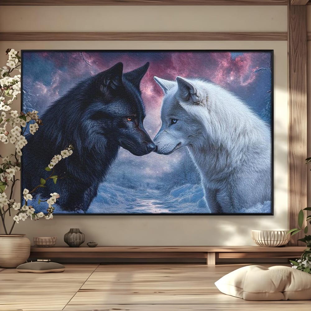 Leinwandbilder Premium, LuxCanva® M1471, Für immer zusammen, Paar, Liebe, Schicksal, Wölfe, Schwarz und Weiß, Nacht, Dämmerung, Schnee, Schnee, Schnee, Geschichte, Straße, Büro, Wohnen, Kinderzimmer