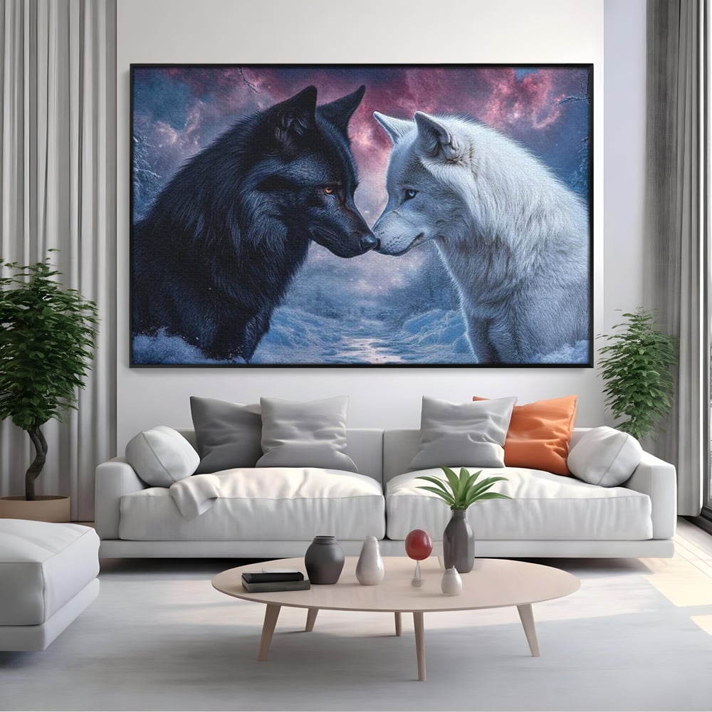 Leinwandbilder Premium, LuxCanva® M1471, Für immer zusammen, Paar, Liebe, Schicksal, Wölfe, Schwarz und Weiß, Nacht, Dämmerung, Schnee, Schnee, Schnee, Geschichte, Straße, Büro, Wohnen, Kinderzimmer