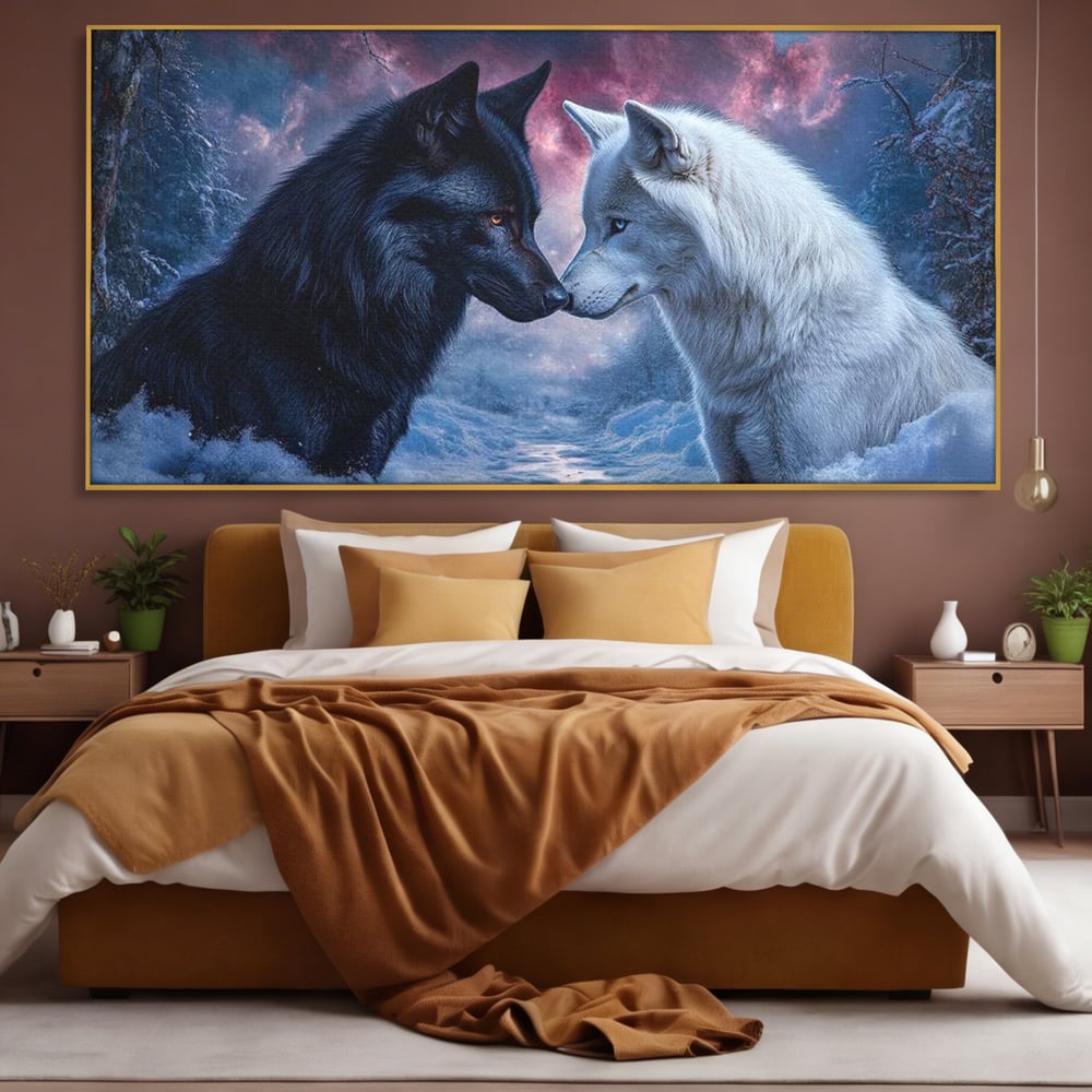 Leinwandbilder Premium, LuxCanva® M1471, Für immer zusammen, Paar, Liebe, Schicksal, Wölfe, Schwarz und Weiß, Nacht, Dämmerung, Schnee, Schnee, Schnee, Geschichte, Straße, Büro, Wohnen, Kinderzimmer