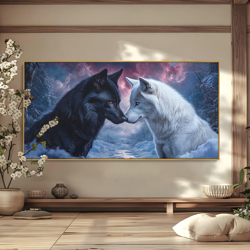 Leinwandbilder Premium, LuxCanva® M1471, Für immer zusammen, Paar, Liebe, Schicksal, Wölfe, Schwarz und Weiß, Nacht, Dämmerung, Schnee, Schnee, Schnee, Geschichte, Straße, Büro, Wohnen, Kinderzimmer