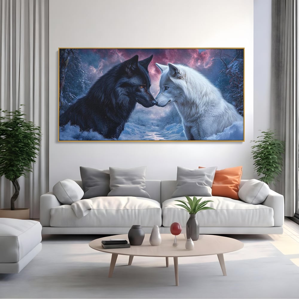 Leinwandbilder Premium, LuxCanva® M1471, Für immer zusammen, Paar, Liebe, Schicksal, Wölfe, Schwarz und Weiß, Nacht, Dämmerung, Schnee, Schnee, Schnee, Geschichte, Straße, Büro, Wohnen, Kinderzimmer