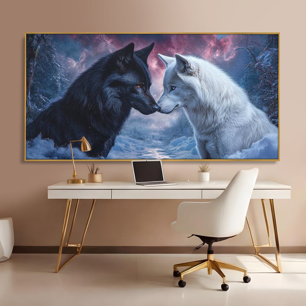 Leinwandbilder Premium, LuxCanva® M1471, Für immer zusammen, Paar, Liebe, Schicksal, Wölfe, Schwarz und Weiß, Nacht, Dämmerung, Schnee, Schnee, Schnee, Geschichte, Straße, Büro, Wohnen, Kinderzimmer