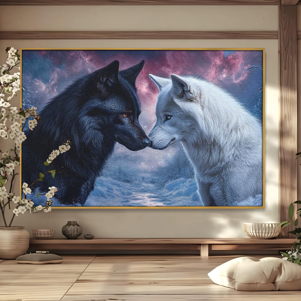 Leinwandbilder Premium, LuxCanva® M1471, Für immer zusammen, Paar, Liebe, Schicksal, Wölfe, Schwarz und Weiß, Nacht, Dämmerung, Schnee, Schnee, Schnee, Geschichte, Straße, Büro, Wohnen, Kinderzimmer