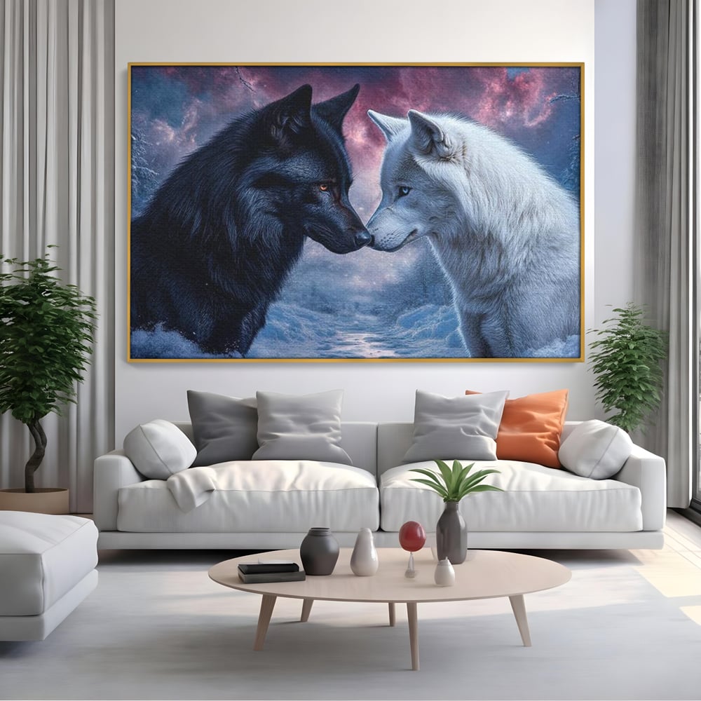 Leinwandbilder Premium, LuxCanva® M1471, Für immer zusammen, Paar, Liebe, Schicksal, Wölfe, Schwarz und Weiß, Nacht, Dämmerung, Schnee, Schnee, Schnee, Geschichte, Straße, Büro, Wohnen, Kinderzimmer