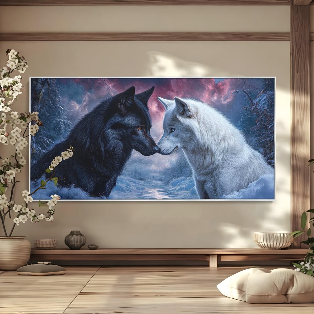 Leinwandbilder Premium, LuxCanva® M1471, Für immer zusammen, Paar, Liebe, Schicksal, Wölfe, Schwarz und Weiß, Nacht, Dämmerung, Schnee, Schnee, Schnee, Geschichte, Straße, Büro, Wohnen, Kinderzimmer
