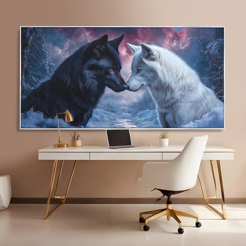 Leinwandbilder Premium, LuxCanva® M1471, Für immer zusammen, Paar, Liebe, Schicksal, Wölfe, Schwarz und Weiß, Nacht, Dämmerung, Schnee, Schnee, Schnee, Geschichte, Straße, Büro, Wohnen, Kinderzimmer