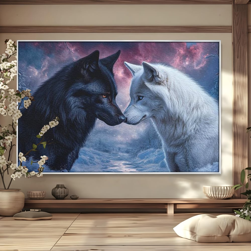 Leinwandbilder Premium, LuxCanva® M1471, Für immer zusammen, Paar, Liebe, Schicksal, Wölfe, Schwarz und Weiß, Nacht, Dämmerung, Schnee, Schnee, Schnee, Geschichte, Straße, Büro, Wohnen, Kinderzimmer
