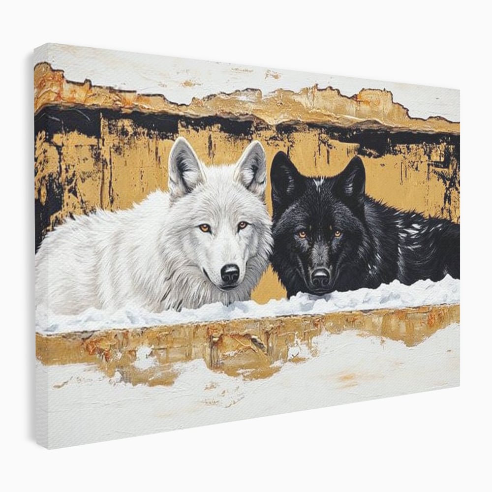 Leinwand Premium Canvas Wandbilder, LuxCanva® M1472, Treffen der Extreme, Wölfe, Paar, Gold, Kontrast, Verbindung, Harmonie, Rahmen, Schwarz-Weiß, Balance, Büro, Wohnen, Kinderzimmer