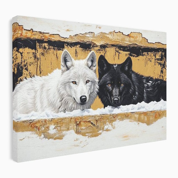 Leinwand Premium Canvas Wandbilder, LuxCanva® M1472, Treffen der Extreme, Wölfe, Paar, Gold, Kontrast, Verbindung, Harmonie, Rahmen, Schwarz-Weiß, Balance, Büro, Wohnen, Kinderzimmer