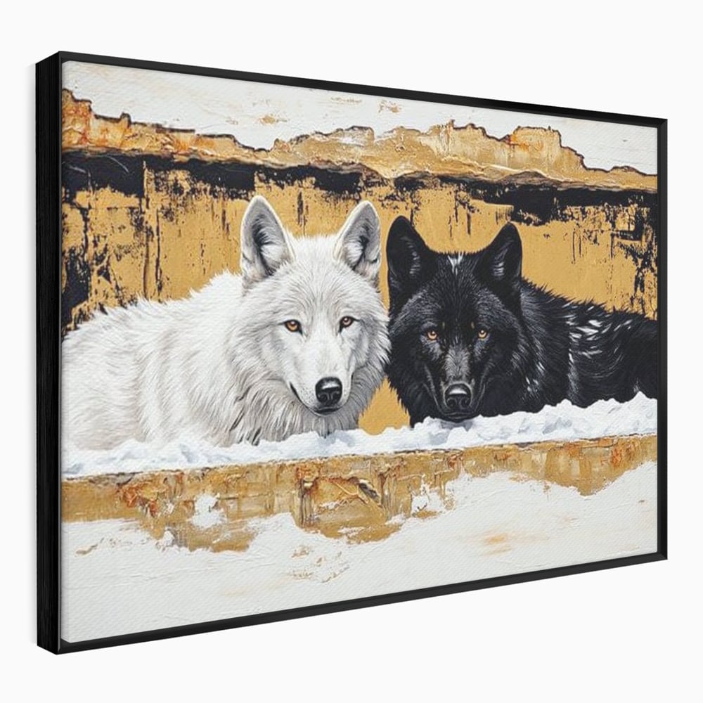 Leinwand Premium Canvas Wandbilder, LuxCanva® M1472, Treffen der Extreme, Wölfe, Paar, Gold, Kontrast, Verbindung, Harmonie, Rahmen, Schwarz-Weiß, Balance, Büro, Wohnen, Kinderzimmer
