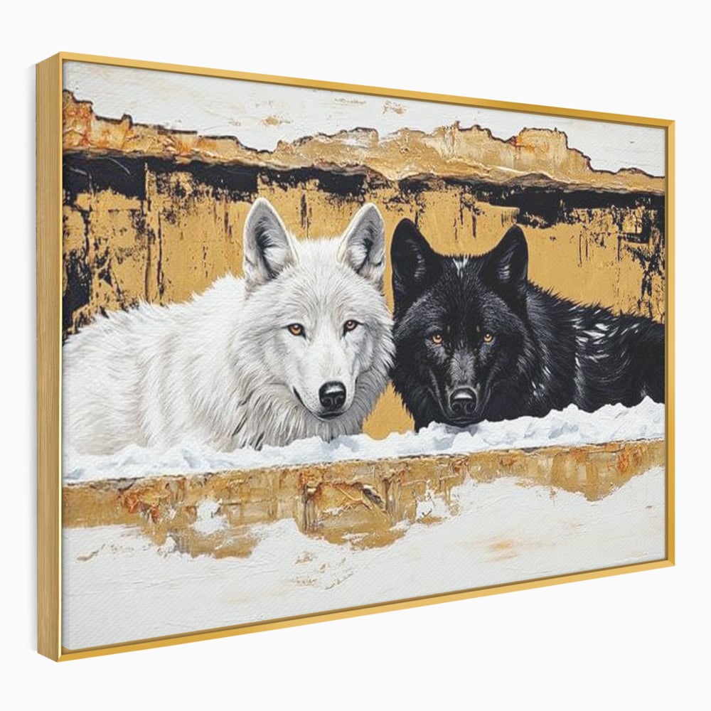 Leinwand Premium Canvas Wandbilder, LuxCanva® M1472, Treffen der Extreme, Wölfe, Paar, Gold, Kontrast, Verbindung, Harmonie, Rahmen, Schwarz-Weiß, Balance, Büro, Wohnen, Kinderzimmer