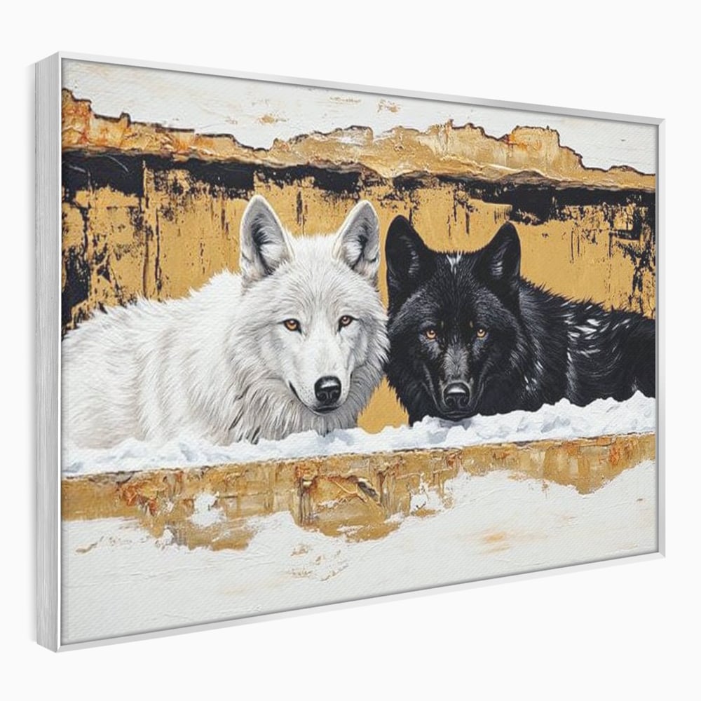 Leinwand Premium Canvas Wandbilder, LuxCanva® M1472, Treffen der Extreme, Wölfe, Paar, Gold, Kontrast, Verbindung, Harmonie, Rahmen, Schwarz-Weiß, Balance, Büro, Wohnen, Kinderzimmer